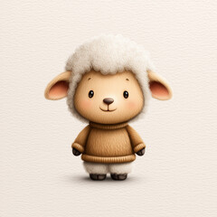 Cute animated sheep character dressed in cozy sweater on plain background  