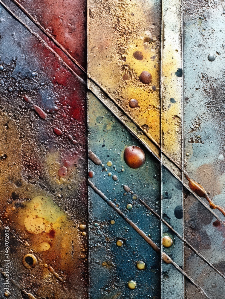 Poster metal and enamel textures seamlessly merge to create an abstract composition with vibrant colors and