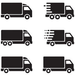 set of black first shipping delivery truck icon vector silhouettes