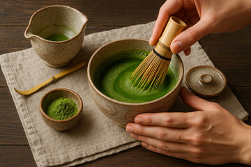 Creative Matcha Tea Ceremony with Artistic Whisking and Handcrafted Pottery

