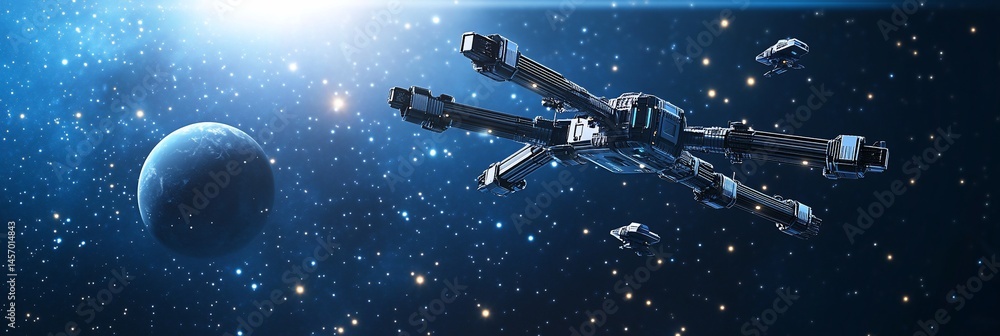 Canvas Prints spaceship flying past a planet in a starry expanse.