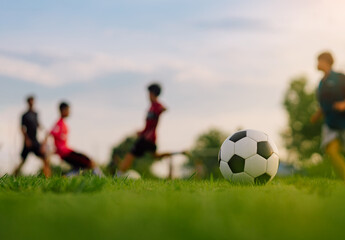 Action sport outdoors of kids having fun playing soccer football for exercise in community rural area under the twilight sunset sky.
