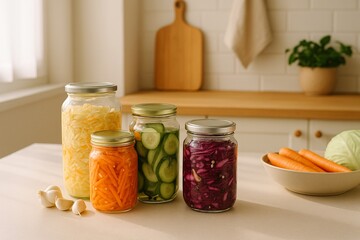 Vegetable Fermentation in Glass Jars in Cozy Home Kitchen
