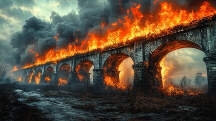 Burning ancient stone bridge