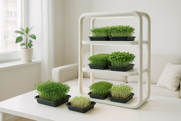 Microgreens Growing in a Hydroponic System in Modern Apartment
