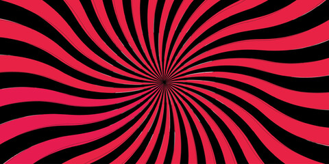 Abstract vibrant optical illusion pattern and radial red with black stripes. Summer sunny and radial. Vintage beam sunburst texture. Radial sunrise or sunset light retro Spiral radial.
