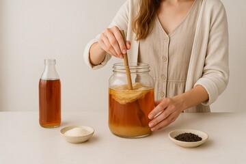 Woman Making Homemade Kombucha in Glass Jar
