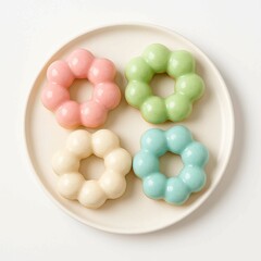 Pastel mochi donuts on white plate, minimalist top view
