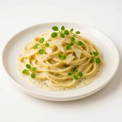 Truffle pasta with cream sauce, parmesan cheese and microgreens on white plate
