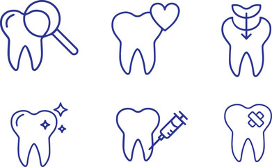 dental icons, tooth outlines, dental care symbols, simple tooth shapes, magnifying glass, heart, syringe, toothbrush, cracked tooth, vector graphics,