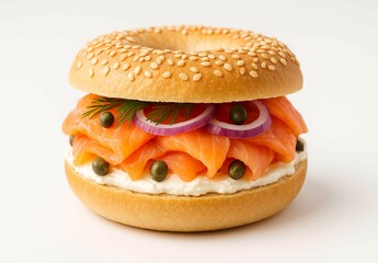 Centered smoked salmon bagel sandwich with cream cheese and dill