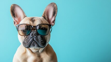 Cool French Bulldog puppy wearing sunglasses against a teal background.