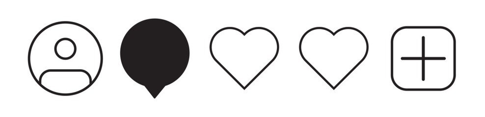 Like, comment, share icon buttons and Thumbs up and love heart flat icon in modern circle and speech bubble shapes. Share, save, like and comment icon set
