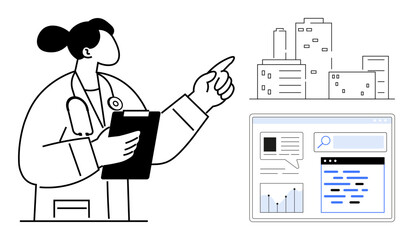 Female doctor holding clipboard, pointing towards city buildings while a digital interface displays analytics and search features. Ideal for healthcare, analytics, telemedicine, research, technology