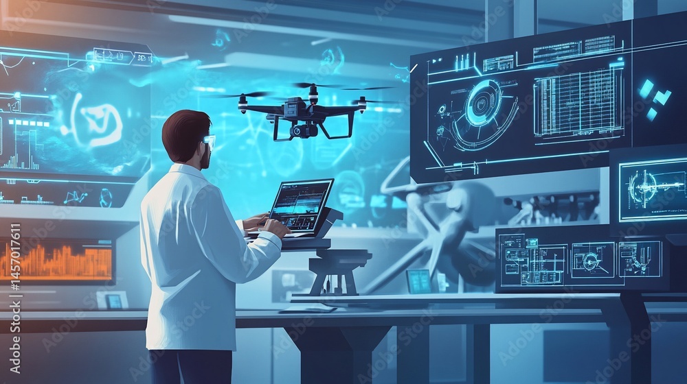 Aufkleber scientist using laptop controls drone in futuristic lab with holographic displays.