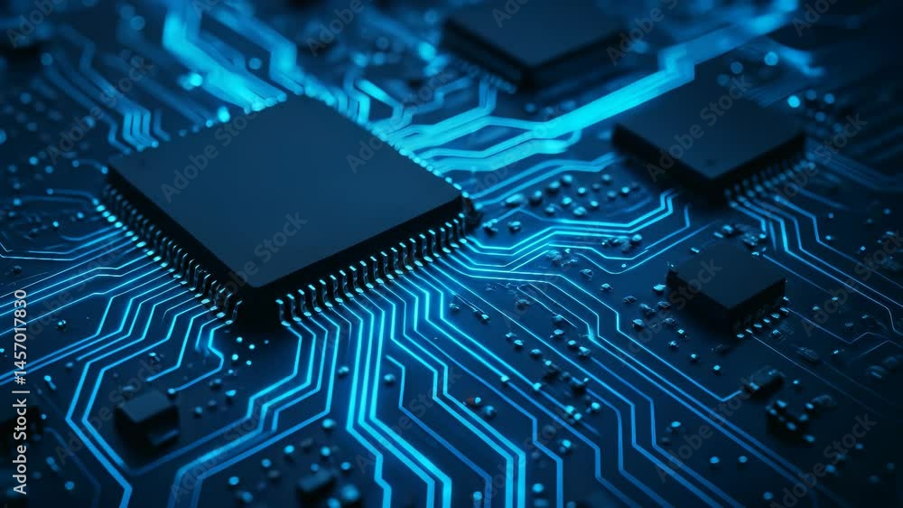 Poster close-up video showing electronic circuit board with a glowing blue microchip, representing technolo