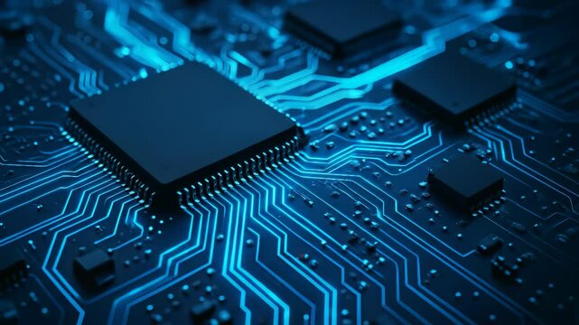 Close-up video showing electronic circuit board with a glowing blue microchip, representing technology and innovation. Seamless loop, negative space area.