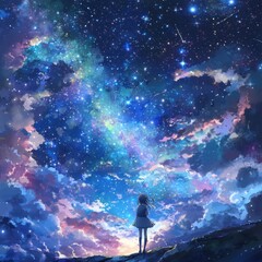 Obraz premium A lone girl stands on a hill gazing up at a breathtaking, vibrant night sky filled with swirling colorful nebulae and shining stars in a dreamy fantasy art scene.