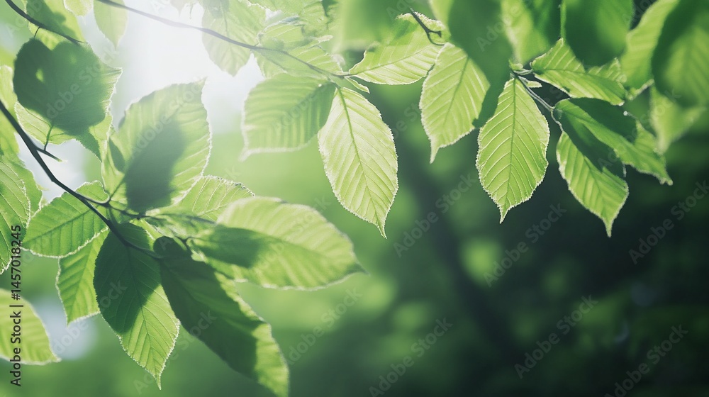 Poster sunlit green leaves on tree branches, backlit by bright sunlight, creating a bokeh effect in the bac