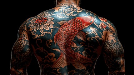 Detailed back tattoo of koi fish and floral motifs
