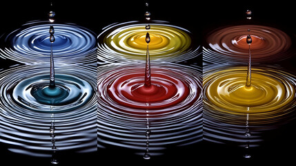 Colorful Water Droplets Creating Ripples on Dark Background