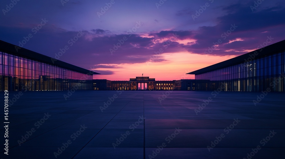 Aufkleber stunning sunset view of a modern building complex with a classical building in the background.