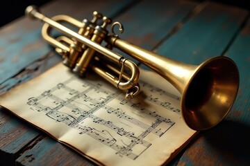 Vintage trumpet on worn wooden table, musical score, sheet music, harmony