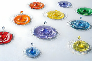 Colorful Water Droplets on White Background