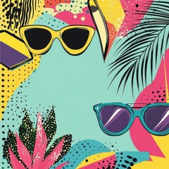 Summer fun abstract background illustration with sunglasses, palm leaf, and colorful design elements evoking a vibrant and playful vacation atmosphere for all ages.