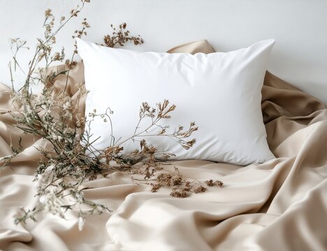 A pristine white pillow rests on a beige sheet, adorned with dried floral accents