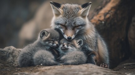 Naklejka premium A mother fox tenderly cradles her two sleeping kits amongst rocks.