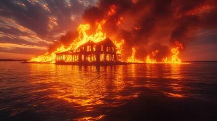 Burning house on water at sunset