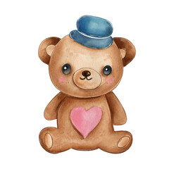 Charming hand-drawn watercolor bear character with a blue hat and heart on its chest for children’s art projects or decor
