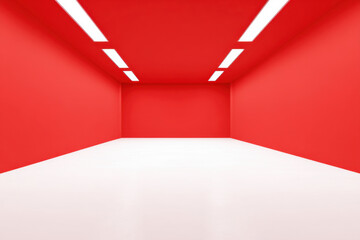 Obraz premium Empty room with red walls and ceiling illuminated by linear recessed lights in a white floor