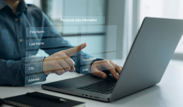 Business person filling out a form with personal data online. Personal data information management.	
Digital online employee form. Human resource concept.