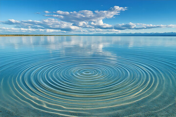 Concentric Water Ripples on a Calm Lake Under a Blue Sky