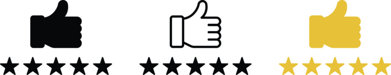 Customer product rating with five stars icon. Like, thumb up. Success, favorite, experience, quality, customer satisfaction. Outline, set of thumbs up icons with different colors. in trendy style    