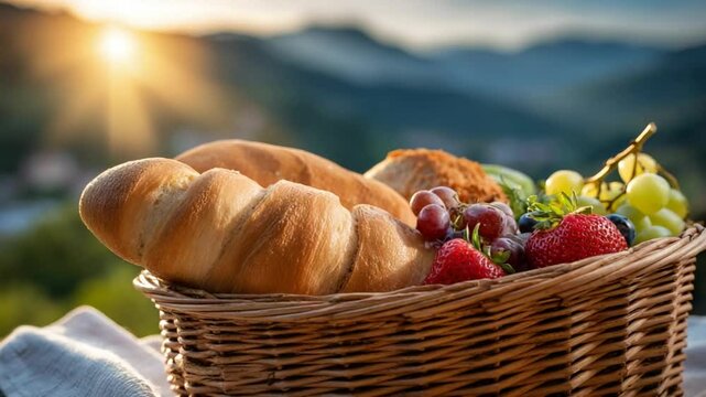 A picturesque breakfast basket filled with fresh bread, fruits, and scenic mountain backdrop at sunrise