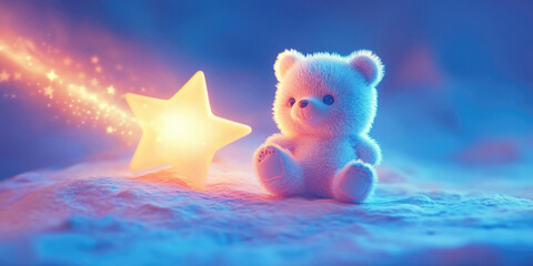 Magical Winter Scene A Cute Teddy Bear with a Glowing Star