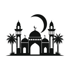 Minimal Mosque Silhouette with Crescent Moon and Palm Trees