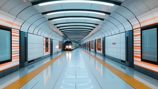 An underground corridor showcases striking modern architecture with glowing accents as a train comes into view, merging technology and urban life harmoniously.