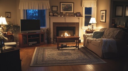 A cozy living room illuminated by warm lighting and a fireplace