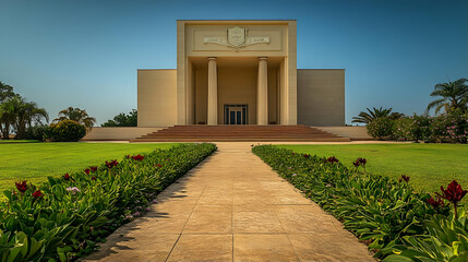 Cream Colored Building with Columns and Symmetrical Garden Path