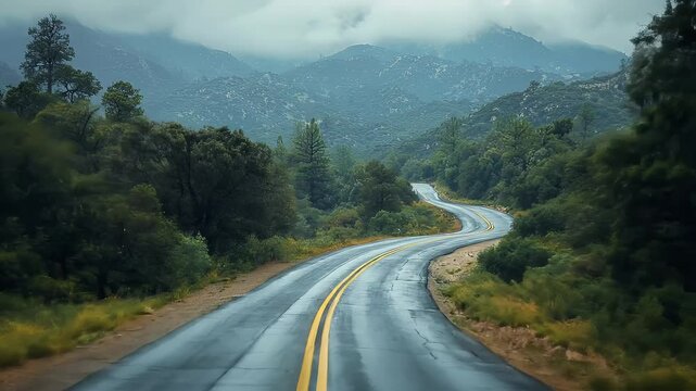 Winding Road Through Mountain Landscape With Lush Green Forest Trees Under A Cloudy Rainy Sky Creates Scenic And Serene Ambience For Adobe Stock Photo