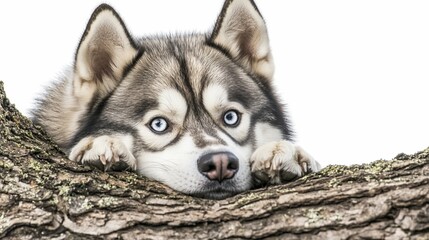 Obraz premium A Siberian Husky with striking blue eyes rests its paws on a thick tree branch against a white background.