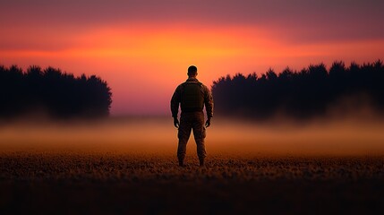 Soldier standing in a misty field at sunset, contemplating the serene landscape and nature