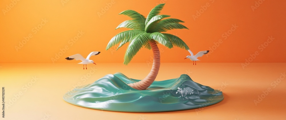Poster 3d render of a palm tree on a small island in the ocean with two seagulls flying.