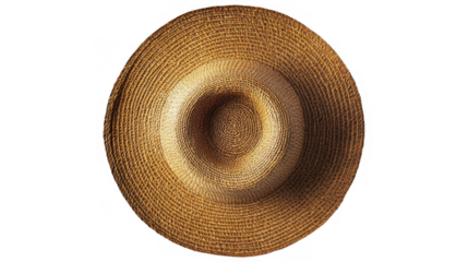 Woven straw sun hat with intricate spiral design, close-up, offering sun protection and summer style for travel needs on a transparent background, PNG image, PNG file.