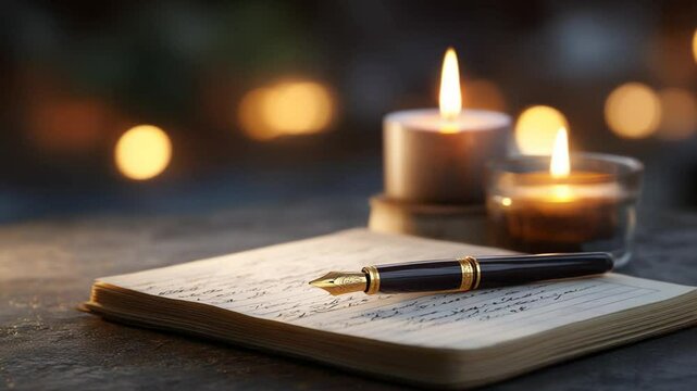A serene candlelit scene featuring a notebook and fountain pen on a textured surface, with soft bokeh