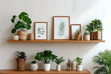 Home Decor with Plants and Art Prints on Wooden Shelves